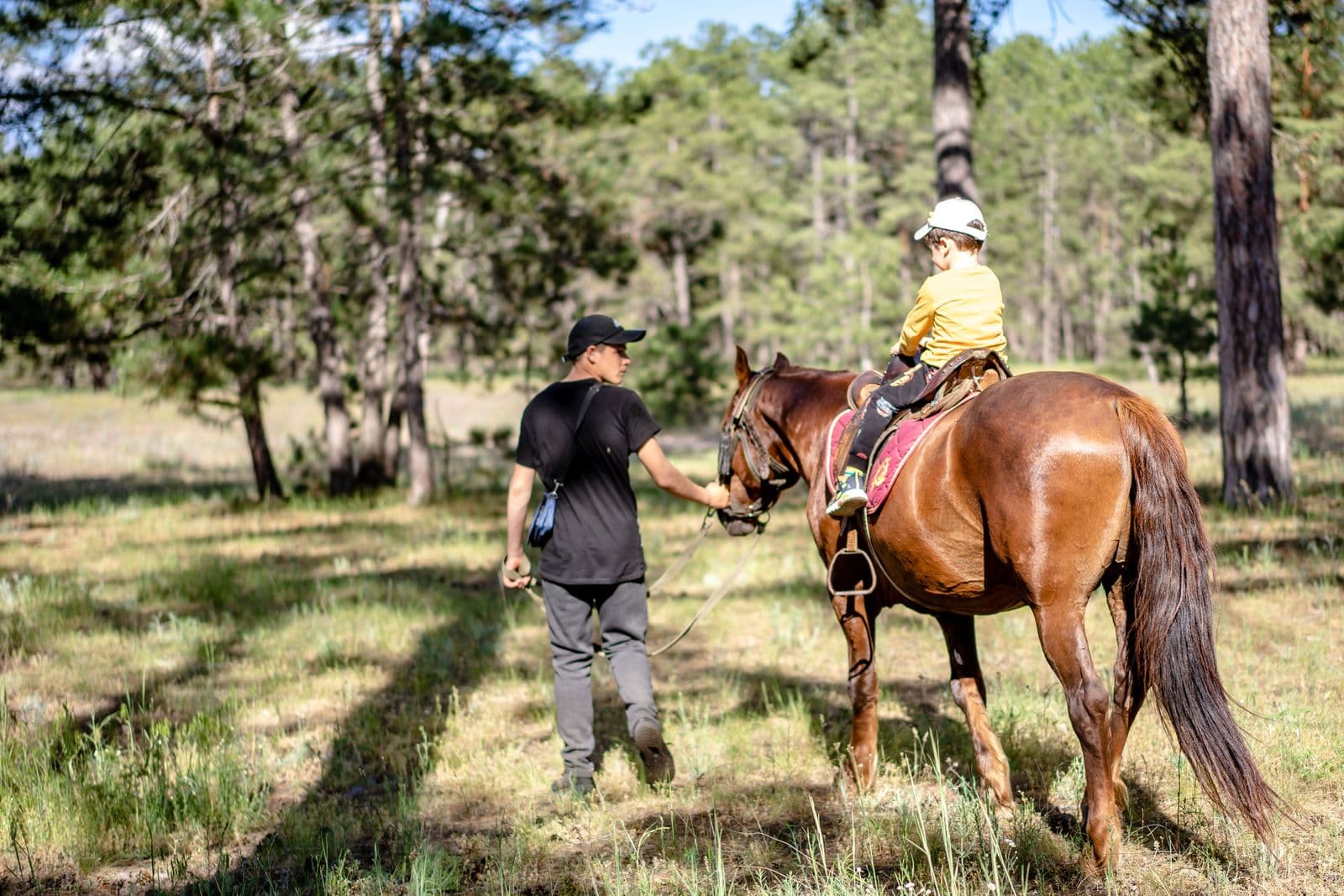 A child in a riding helmet on a horse led by an instructor along a forest trail