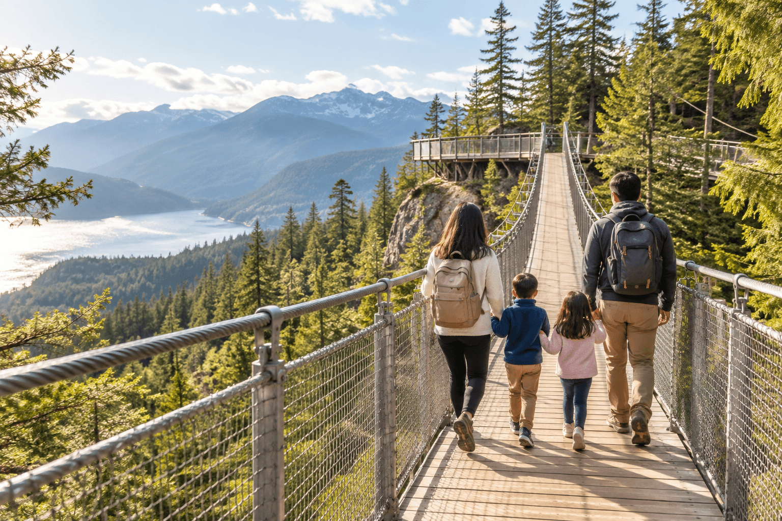 A family walking hand in hand across a suspension bridge above a forested valley and mountains