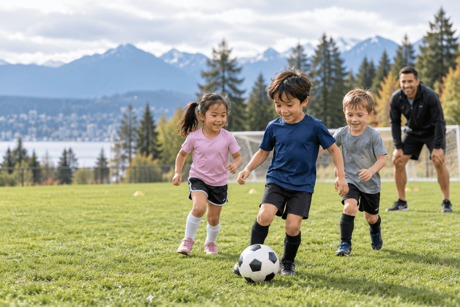 Children playing soccer with a coach on a grassy field
