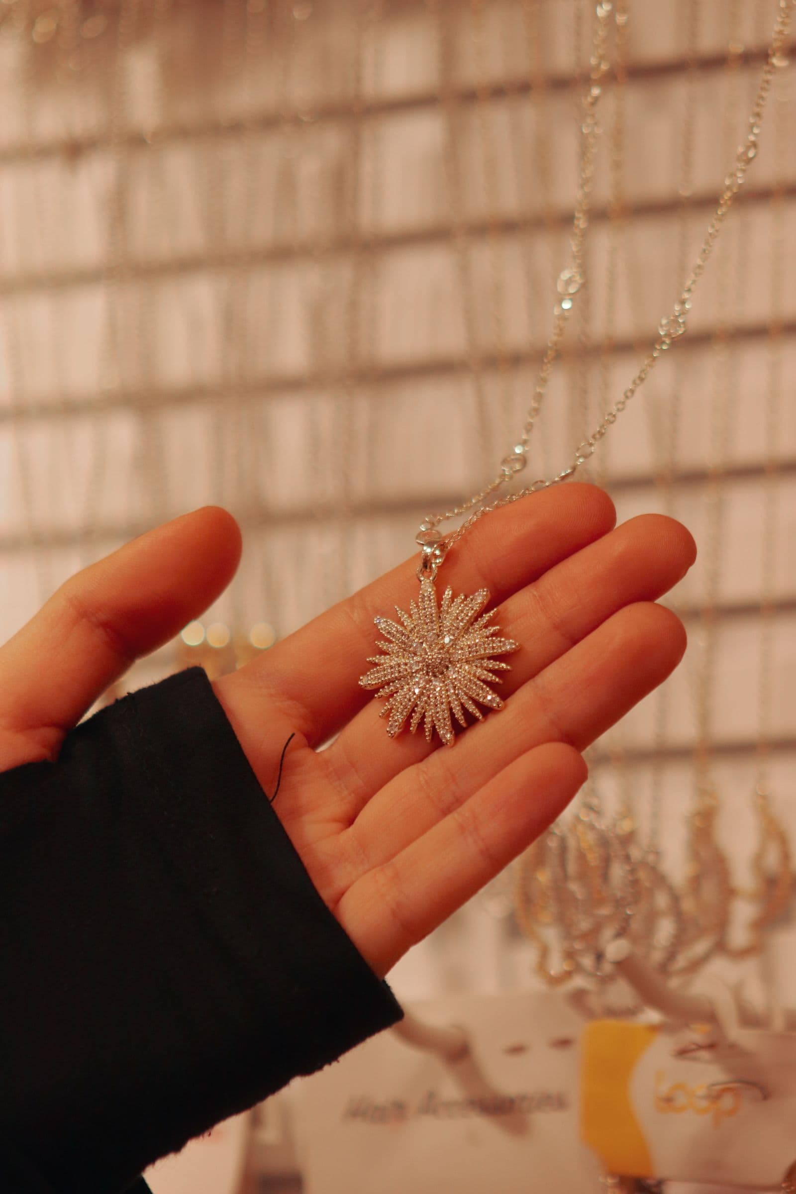 A hand holding a silver pendant necklace